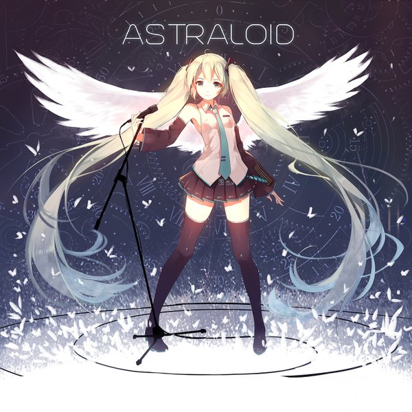 Anime picture 1500x1500 with vocaloid hatsune miku caidychen single looking at viewer blonde hair standing twintails green eyes yellow eyes ahoge very long hair pleated skirt multicolored hair light smile grey hair zettai ryouiki floating hair gradient hair angel wings