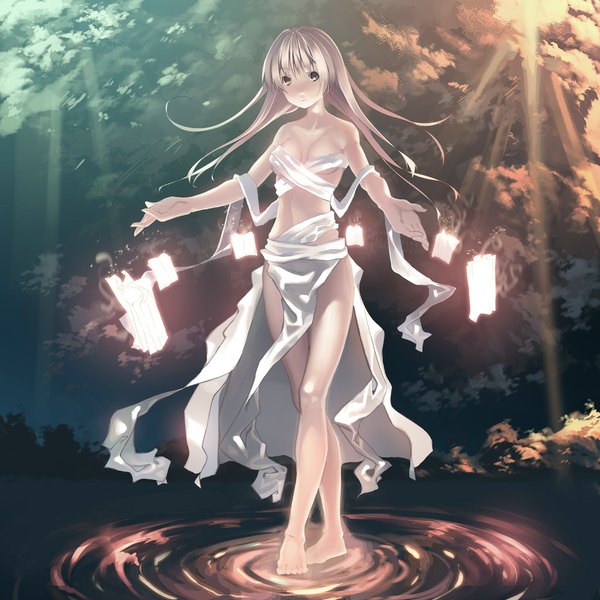 Anime picture 1000x1000 with original joeian (artist) single long hair breasts light erotic blonde hair brown eyes barefoot legs magic girl