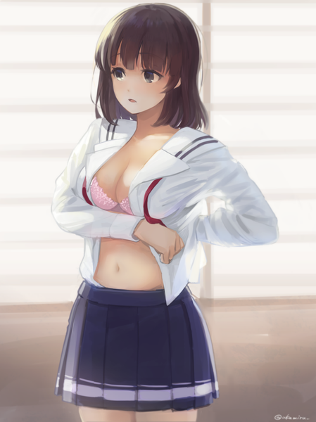 Anime picture 789x1054 with saenai heroine no sodatekata a-1 pictures katou megumi akame (akamiru) single tall image fringe short hair open mouth light erotic brown hair standing brown eyes pleated skirt open shirt adjusting clothes dressing girl skirt shirt
