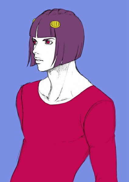 Anime picture 566x800 with jojo no kimyou na bouken bruno buccellati chounorin single tall image fringe short hair simple background red eyes looking away purple hair upper body purple background boy hair ornament