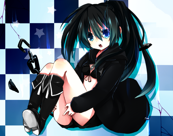 Anime picture 1610x1265 with black rock shooter black rock shooter (character) ai 1003 single long hair looking at viewer open mouth blue eyes black hair sitting twintails legs glowing glowing eye (eyes) checkered background girl shorts boots thigh boots chain