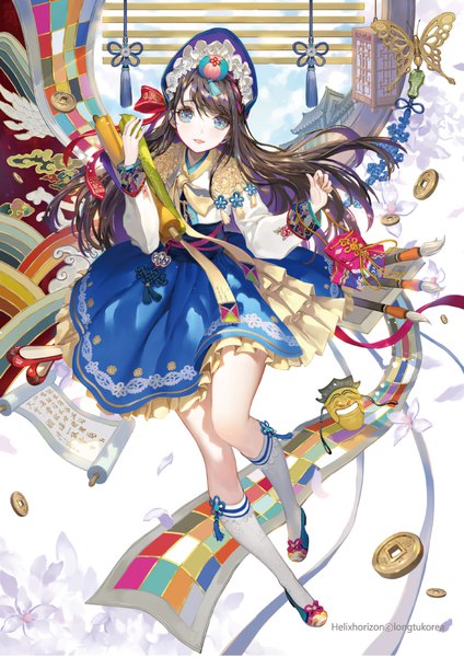 Anime picture 750x1061 with helix horizon tob single long hair tall image looking at viewer fringe blue eyes brown hair holding signed full body bent knee (knees) midair girl dress hair ornament flower (flowers) headdress bag