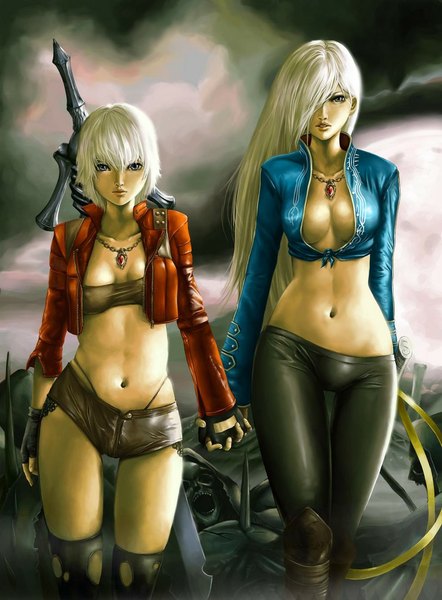 Anime picture 850x1154 with devil may cry dante (devil may cry) vergil dantewontdie long hair tall image looking at viewer fringe short hair breasts blue eyes light erotic multiple girls sky cleavage cloud (clouds) white hair long sleeves lips hair over one eye