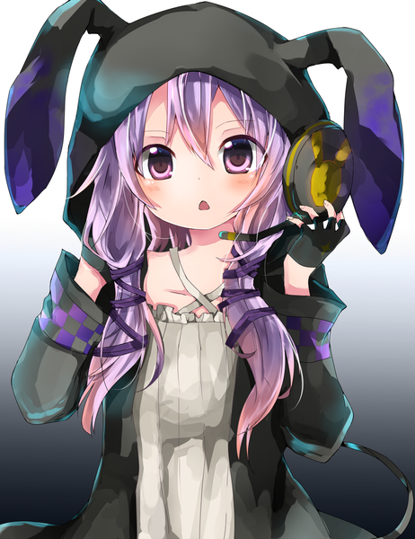 Anime picture 1203x1563 with vocaloid voiceroid yuzuki yukari yuzuki yukari (lin) tosura-ayato single long hair tall image looking at viewer blush fringe open mouth twintails purple eyes animal ears purple hair open clothes open jacket bunny ears low twintails