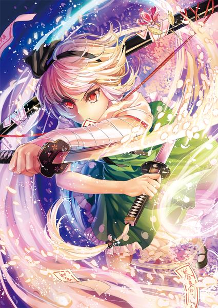 Anime picture 800x1130 with touhou konpaku youmu ttk (kirinottk) single tall image short hair red eyes silver hair ghost girl dress weapon petals sword hairband katana bandage (bandages) ofuda