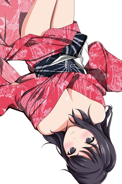 Anime picture 800x1200 with original matsunaga kouyou single long hair tall image looking at viewer blush light erotic black hair simple background white background traditional clothes japanese clothes black eyes girl kimono