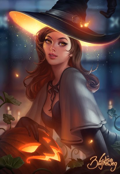 Anime picture 621x900 with zolaida (artist) single long hair tall image looking at viewer blush smile brown hair brown eyes signed upper body parted lips lips blurry realistic night lipstick halloween pink lipstick glow