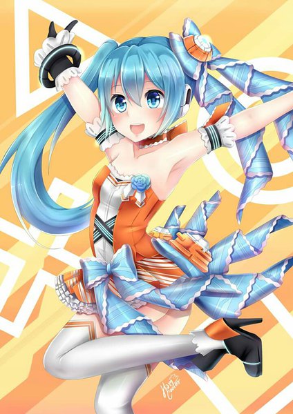 Anime picture 720x1018 with vocaloid hatsune miku hamcooler single long hair tall image blush fringe open mouth blue eyes light erotic hair between eyes standing signed looking away ass aqua hair armpit (armpits) high heels side ponytail