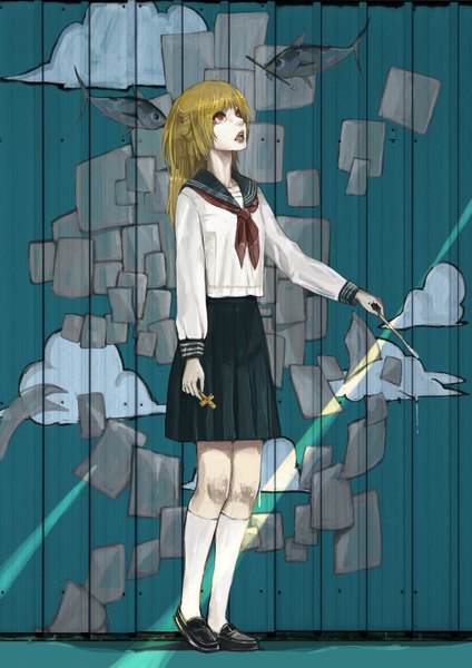 Anime picture 1272x1800 with original canking tall image open mouth blonde hair red eyes cloud (clouds) sunlight looking up painting girl skirt uniform school uniform socks serafuku cross fish (fishes) paper