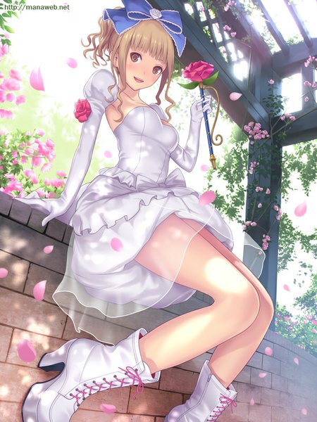 Anime picture 600x800 with ilog ichinomiya ichigo mana kakkowarai single tall image looking at viewer blush open mouth blonde hair smile brown eyes alternate hairstyle hair up girl dress gloves flower (flowers) bow hair bow petals