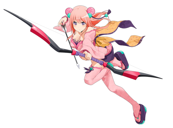 Anime picture 1500x1114 with onigiri (mmorpg) shizuka (onigiri) single long hair purple eyes bare shoulders pink hair full body traditional clothes japanese clothes transparent background girl thighhighs hair ornament weapon detached sleeves kimono obi hair tie hair bobbles