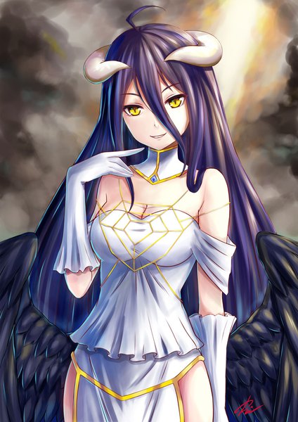 Anime picture 744x1052 with overlord (maruyama) madhouse albedo (overlord) kelinch1 single long hair tall image looking at viewer fringe breasts smile hair between eyes large breasts standing bare shoulders signed yellow eyes sky purple hair cloud (clouds)