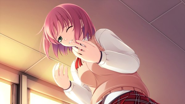 Anime picture 2560x1440 with shunki gentei poco a poco ninomae sakura kazami haruki highres short hair wide image green eyes pink hair game cg girl uniform school uniform