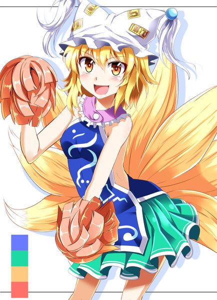 Anime picture 1000x1382 with touhou yakumo ran e.o. single tall image blush fringe short hair open mouth blonde hair simple background smile hair between eyes white background bare shoulders looking away tail :d animal tail pleated skirt