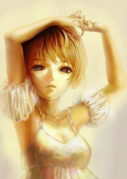 Anime picture 1191x1684 with original kurage (pixiv 473823) single tall image fringe short hair simple background blonde hair lips grey background arms up multicolored eyes girl detached sleeves