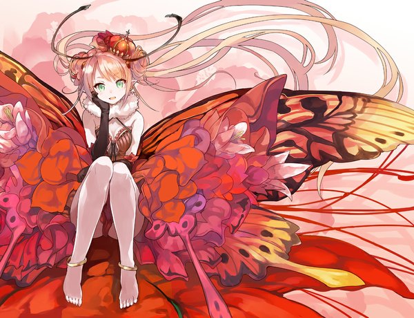 Anime picture 1100x845 with shibano kaito single looking at viewer blush fringe open mouth light erotic blonde hair sitting twintails green eyes cleavage barefoot pointy ears shadow hair bun (hair buns) floating hair pale skin chin rest insect wings