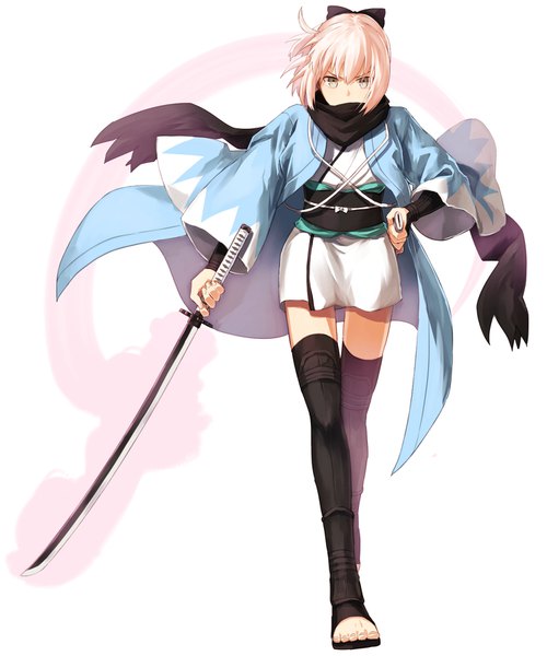 Anime picture 1500x1800 with fate (series) fate/grand order koha-ace okita souji (fate) (all) okita souji (koha-ace) somemiya suzume single tall image fringe short hair simple background hair between eyes white background holding yellow eyes pink hair full body ahoge traditional clothes japanese clothes