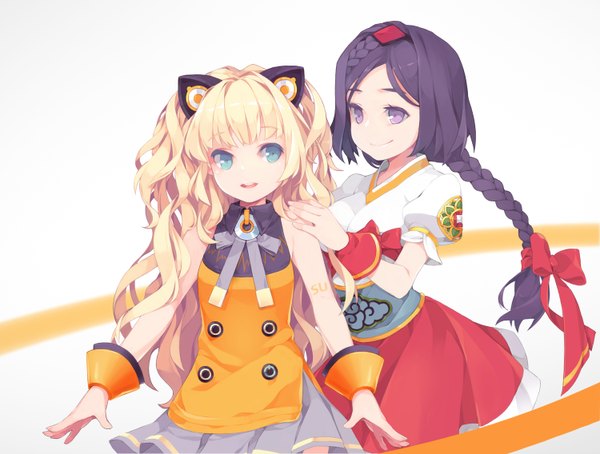 Anime picture 1500x1136 with vocaloid educational broadcasting system seeu semi (ebs) mahz (artist) long hair fringe open mouth blue eyes simple background smile white background purple eyes bare shoulders multiple girls animal ears looking away braid (braids) traditional clothes japanese clothes