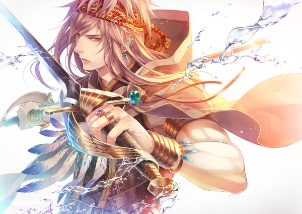 Anime picture 1432x1012 with original den (itokiitoki5022) single long hair looking at viewer simple background white background holding yellow eyes muscle boy weapon earrings sword water bracelet hairband cape feather (feathers) ring