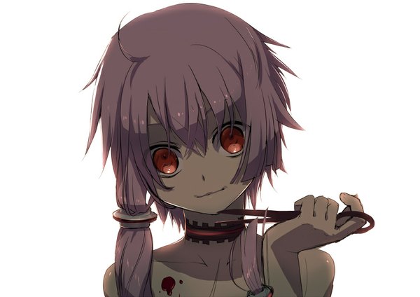 Anime picture 876x620 with vocaloid yuzuki yukari ainoya single long hair fringe simple background smile red eyes white background twintails bare shoulders pink hair shadow low twintails blood stains crazy girl choker blood
