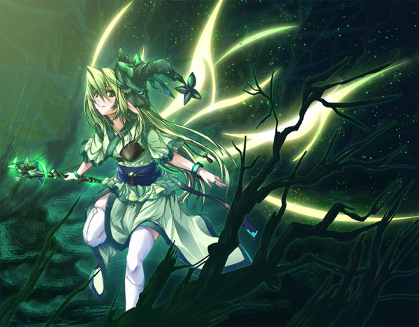 Anime picture 1500x1170 with long hair blonde hair green eyes magic elf girl thighhighs plant (plants) hat wings tree (trees) bracelet ring forest stick