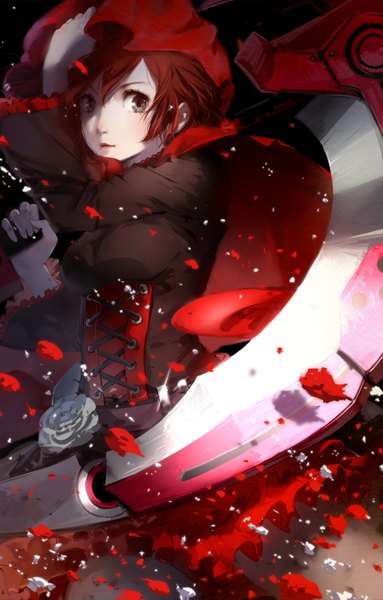Anime picture 900x1407 with rwby rooster teeth ruby rose cici single tall image looking at viewer blush short hair red eyes red hair light smile lips black eyes girl dress flower (flowers) weapon petals pantyhose