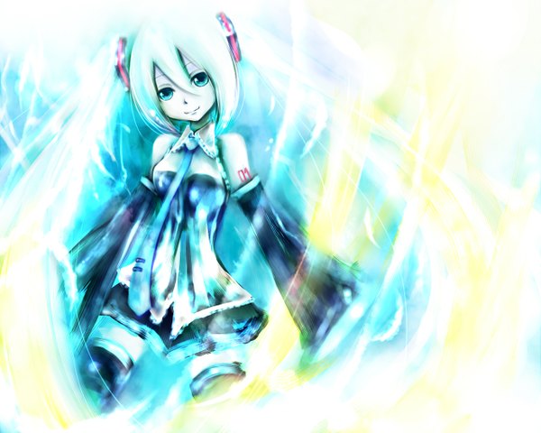 Anime picture 1280x1024 with vocaloid hatsune miku tsukei single looking at viewer fringe smile hair between eyes twintails very long hair head tilt aqua eyes aqua hair girl detached sleeves necktie