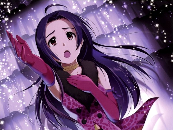 Anime picture 2048x1536 with idolmaster miura azusa annindoufu (oicon) single long hair highres open mouth brown eyes looking away purple hair ahoge wind shadow outstretched arm hand on chest looking up eyebrows singing girl dress