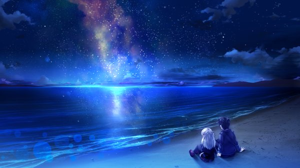 イラスト 1280x720 と hoshi no ne sanctuary komatsubara yomi 鳴瀬ひろふみ 長髪 wide image 座る game cg cloud (clouds) white hair night arm support loli night sky ビーチ back horizon 女の子 ストッキング 男性 スカート