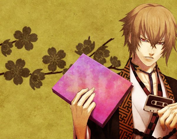 Anime picture 1280x1004 with hakuouki shinsengumi kitan studio deen chikage kazama short hair blonde hair red eyes traditional clothes japanese clothes yellow background kimono book (books)