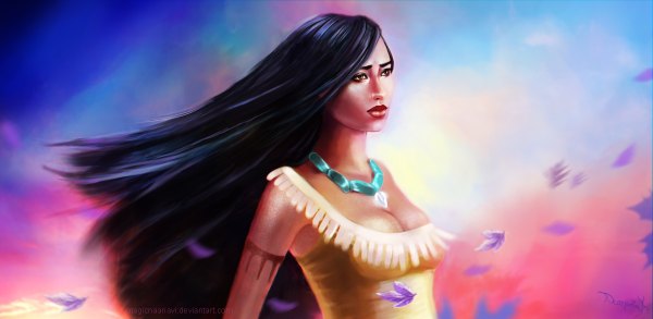 Anime picture 1200x586 with pocahontas pocahontas (character) magicnaanavi single long hair black hair wide image brown eyes wind lips dark skin girl petals necklace