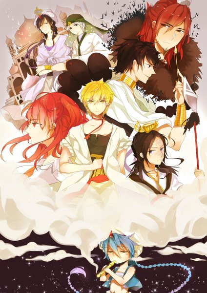 Anime picture 3508x4961 with magi the labyrinth of magic a-1 pictures morgiana judal aladdin (magi) ali baba saluja ja'far (magi) sinbad (magi) ren hakuryuu ren kouen miro (weihanzhang513) long hair tall image highres short hair blonde hair red eyes brown hair purple eyes holding