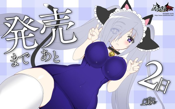 Anime picture 1500x938 with tagme (artist) long hair looking at viewer blush fringe light erotic wide image purple eyes twintails animal ears silver hair tail animal tail cat ears hair over one eye cat tail bell collar checkered background :< girl