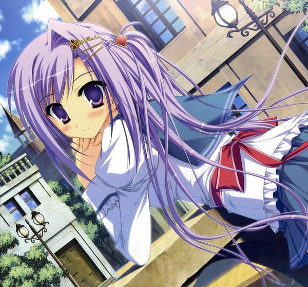 Anime picture 3488x3248 with prismrhythm (game) tokitou kasumi sesena yau single long hair blush highres smile purple eyes absurdres sky purple hair cloud (clouds) ponytail long sleeves scan puffy sleeves side ponytail girl uniform