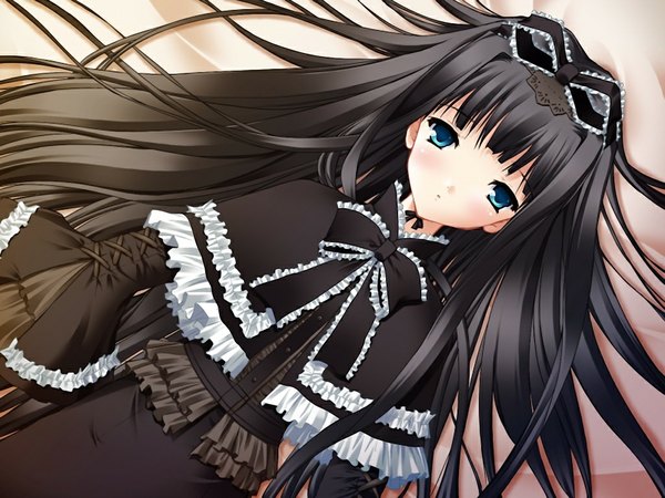 Anime picture 1024x768 with triptych (game) long hair blue eyes black hair game cg lying loli gothic girl dress black dress
