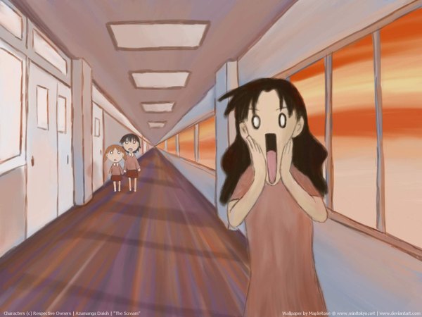 Anime picture 1600x1200 with azumanga daioh j.c. staff the scream mihama chiyo takino tomo tanizaki yukari long hair short hair open mouth brown hair twintails multiple girls orange hair evening sunset parody fine art parody girl uniform school uniform