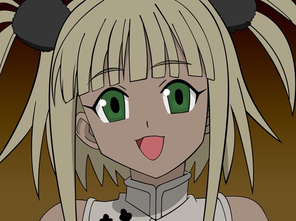 Anime picture 1603x1200 with mahou sensei negima! ku fei single fringe short hair open mouth blonde hair bare shoulders green eyes payot happy close-up face vector girl hair tie