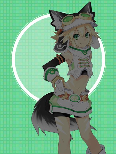 Anime picture 1500x2000 with kami jigen game neptune v cyberconnect2 tall image looking at viewer short hair blonde hair green eyes animal ears animal tail midriff dark skin girl gloves navel detached sleeves shorts white gloves armband