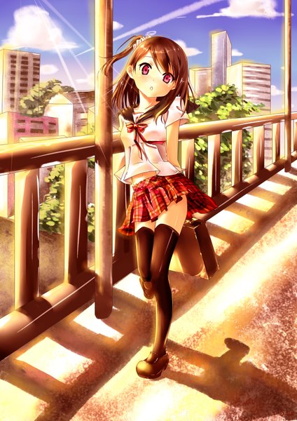 Anime picture 2480x3507 with original clouble single tall image looking at viewer highres short hair red eyes brown hair sky cloud (clouds) girl thighhighs skirt uniform black thighhighs school uniform school bag