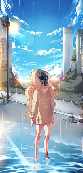 Anime picture 693x1440 with original kristallin-f (artist) single long hair tall image blue eyes blonde hair sky cloud (clouds) barefoot looking up rain girl plant (plants) water building (buildings) blood grass mask road
