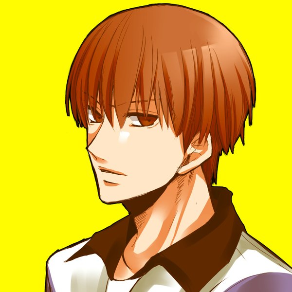Anime picture 1400x1400 with prince of tennis hiyoshi wakashi tagme (artist) single short hair simple background brown hair brown eyes face yellow background boy