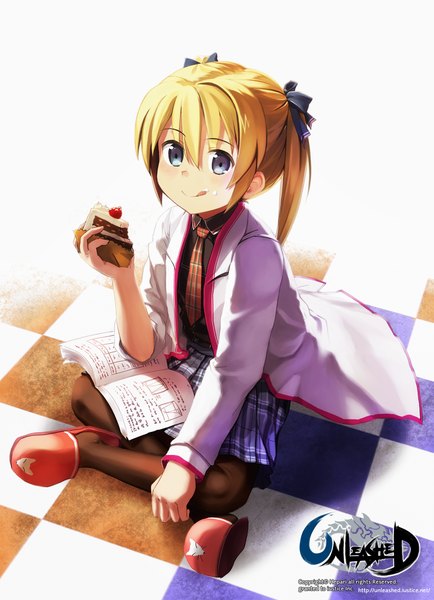 Anime picture 1539x2126 with hepari single tall image looking at viewer short hair blue eyes blonde hair smile twintails pleated skirt inscription loli short twintails checkered floor food on face girl skirt bow hair bow pantyhose