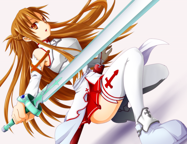 Anime picture 1200x920 with sword art online a-1 pictures yuuki asuna single long hair simple background red eyes brown hair white background girl thighhighs weapon detached sleeves white thighhighs sword