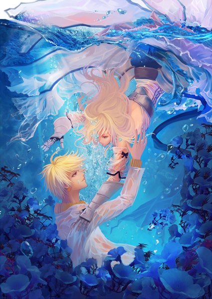 Anime picture 1000x1413 with fate (series) fate/extra fate/extra ccc type-moon artoria pendragon (all) saber gilgamesh (fate) beast-oo-sub long hair tall image short hair blonde hair red eyes green eyes couple holding hands underwater girl dress boy