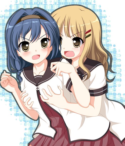 Anime picture 1800x2100 with yuru yuri doga kobo oomuro sakurako furutani himawari kakesu long hair tall image blush highres open mouth light erotic black hair blonde hair multiple girls brown eyes breast grab girl 2 girls serafuku hairband