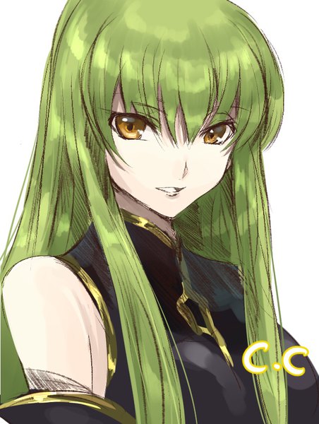 Anime picture 640x850 with code geass sunrise (studio) c.c. kayanogura single long hair tall image fringe simple background hair between eyes white background bare shoulders yellow eyes green hair light smile character names portrait girl