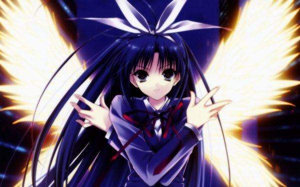 Anime picture 1920x1200 with suzuhira hiro single long hair looking at viewer highres blue eyes wide image blue hair ribbon (ribbons) hair ribbon wings