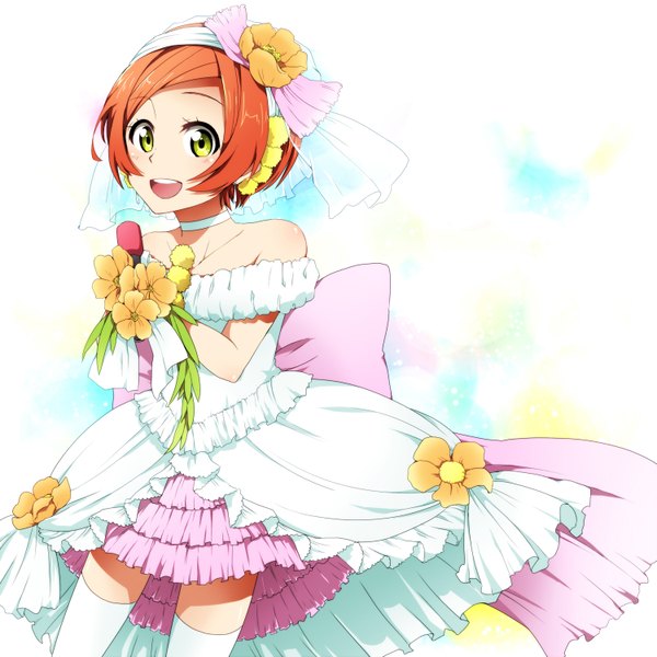 Anime picture 1500x1500 with love live! school idol project sunrise (studio) love live! hoshizora rin usui (h446) single blush short hair open mouth bare shoulders green eyes orange hair girl thighhighs dress flower (flowers) white thighhighs bouquet wedding dress