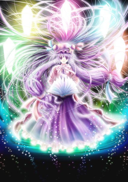 Anime picture 1656x2338 with touhou patchouli knowledge saber 01 single long hair tall image looking at viewer purple eyes purple hair full body floating hair tress ribbon girl dress ribbon (ribbons) hair ribbon hat book (books) bonnet crystal
