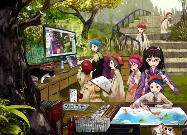 Anime picture 2000x1444 with original shigureteki highres short hair black hair brown hair multiple girls blue hair pink hair 6+ girls 8 girls painting girl plant (plants) hat animal tree (trees) glasses cat stairs